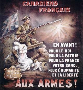 Written in French, this poster states: French Canadians Forward! For King For Country-example-1