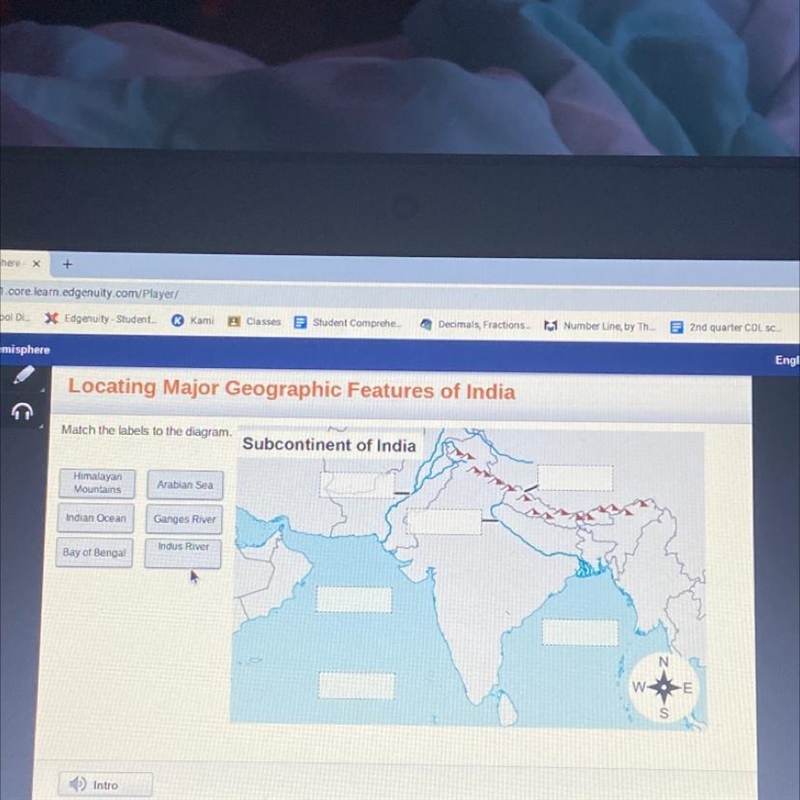 Locating Major Geographic Features of India Match the labels to the diagram Subcontinent-example-1