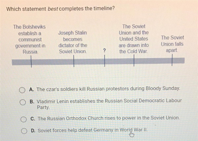 Which statement best completes the timeline? The Bolsheviks establish a communist-example-1