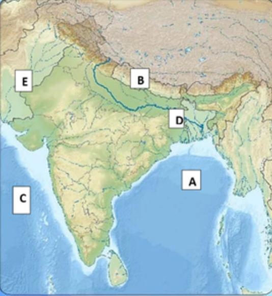 Identify the physical features on this map: A: B: C: D: E:-example-1