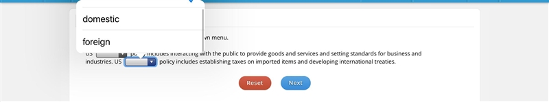 Select the correct answer from each drop-down menu. US policy includes interacting-example-1