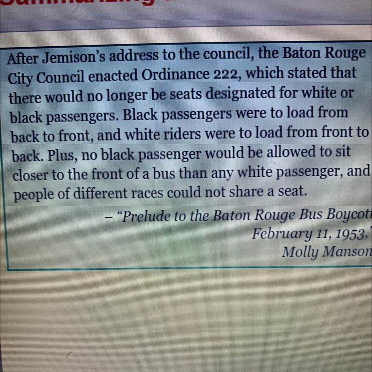 Which statement correctly summarized the effect of Rev. Jemisons address to the council-example-1