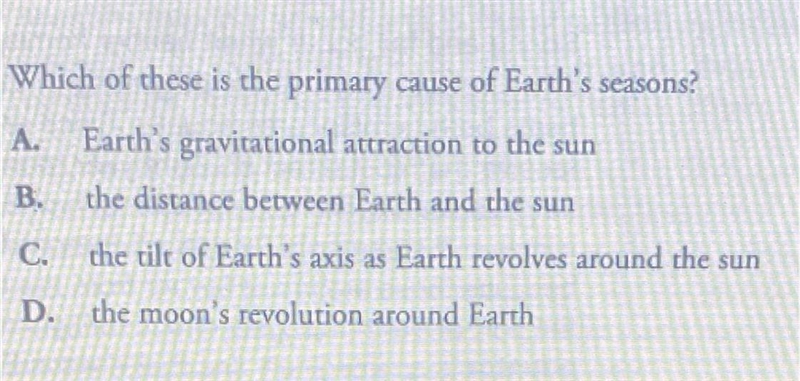 Which of these is the primary cause of earth’s seasons?-example-1