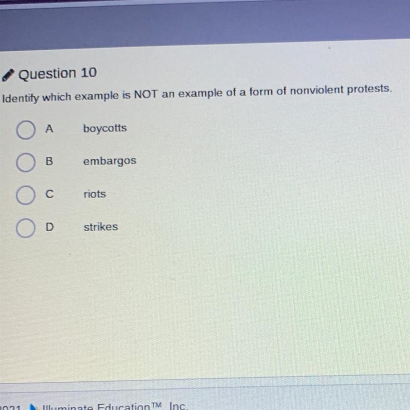 Which example is NOT an example of a form of nonviolent protests-example-1