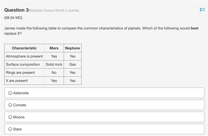 James made the following table to compare the common characteristics of planets. Which-example-1