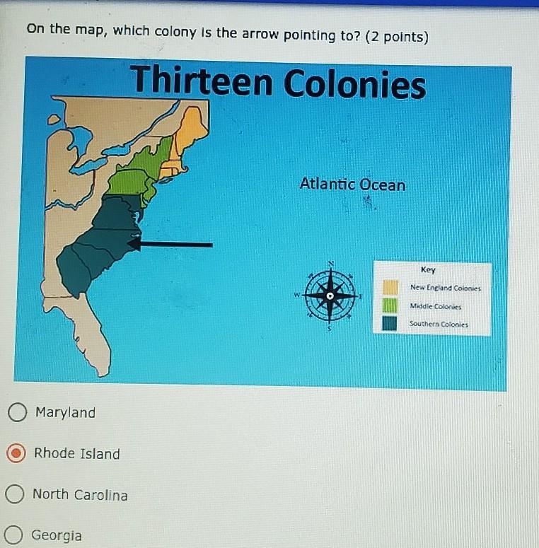 On the map, which colony is the arrow pointing to? (2 points) Thirteen Colonies Atlantic-example-1