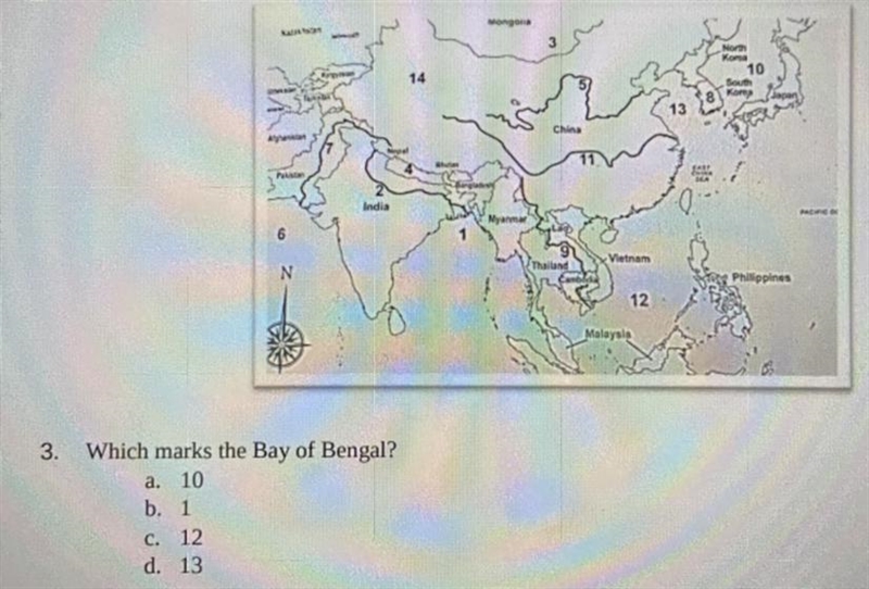 Which marks the Bay of Bengal? A. 10 B. 1 C. 12 D. 13-example-1