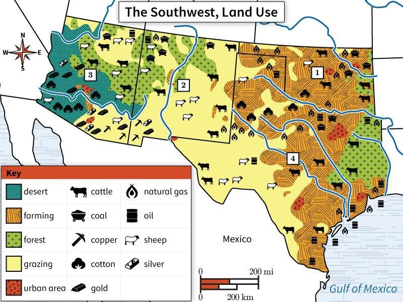 According to the map, what are types of livestock raised in the Southwest? Select-example-1