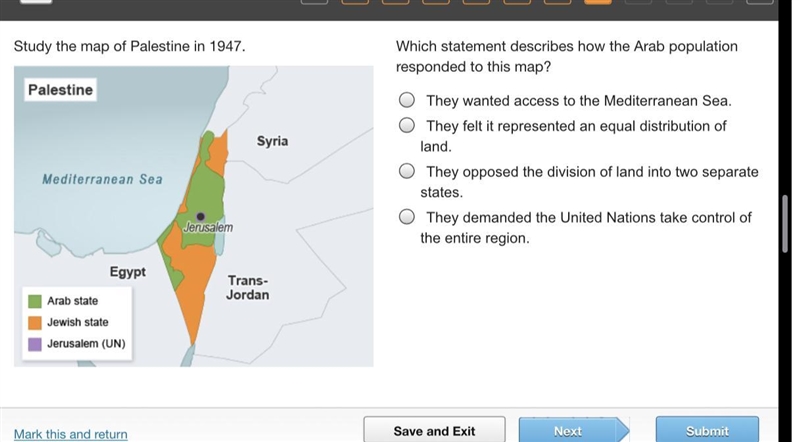 Study the map of Palestine in 1947. A map of Palestine in 1947. Jerusalem is labeled-example-1