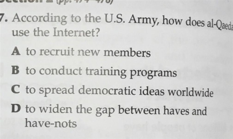 According to the U.S. Army, how does al-Qaeda use the internet? the answer choices-example-1