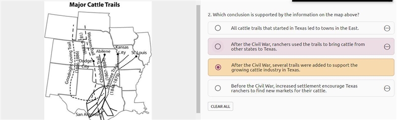 Which conclusion is supported by the information on the map above? All cattle trails-example-1