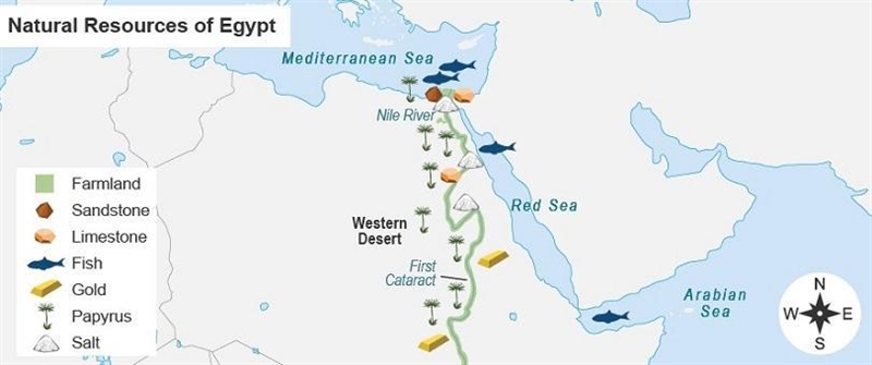 The map shows the natural resources of Egypt. Gold could be found closest to which-example-1