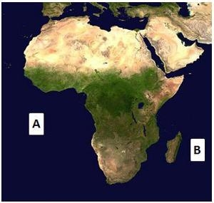 A satellite map of Africa with labels A and B. A is in the Atlantic Ocean. B is in-example-1