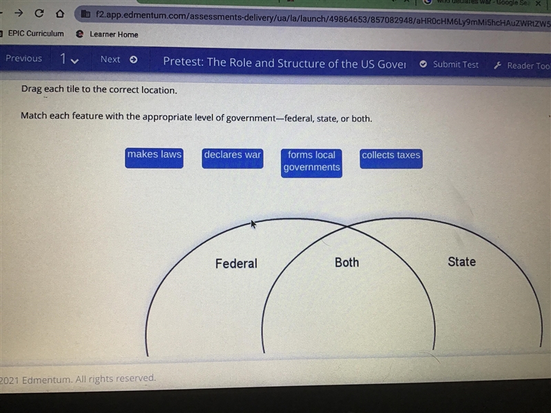 Match each feature with the appropriate level of government - federal, state, or both-example-1