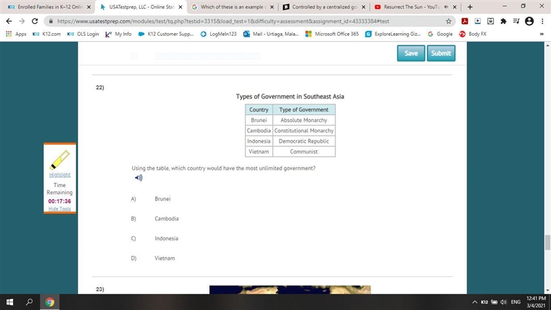 Using the table, which country would have the most unlimited government? A) Brunei-example-1