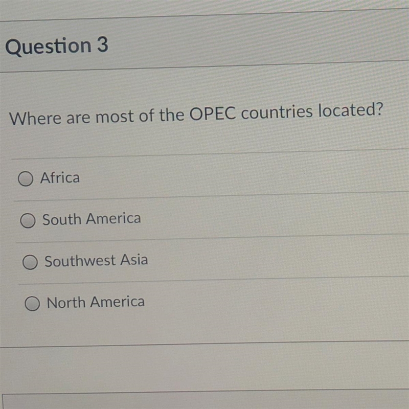 Where are most of the OPEC countries located? Africa South America Southwest Asia-example-1