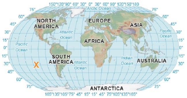 The image shows a map of the world with an X located at 120°W, 30°S. Which phrase-example-1