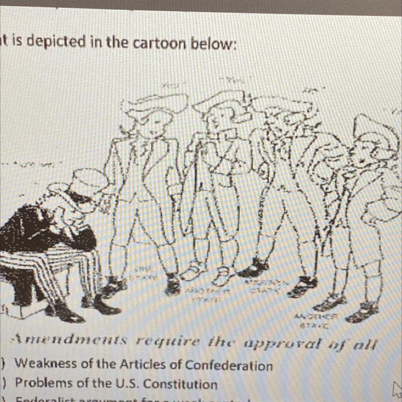 What is depicted in the cartoon below: a.) Weakness of the Articles of Confederation-example-1