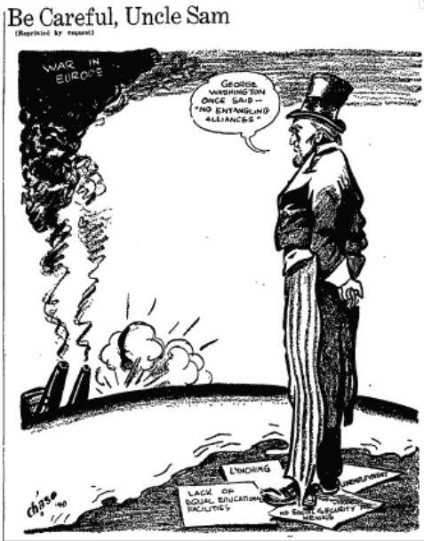 What reasons does this cartoon give for not getting involved in the war in Europe-example-1