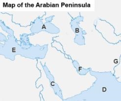 The map shows physical features in and around the Arabian Peninsula. Which body of-example-1