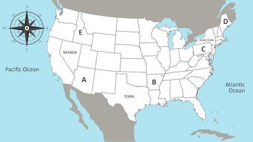 Which state is located at point E? A- Arizona B- Arkansas C- Idaho D- Maine-example-1