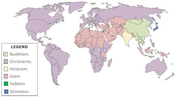 According to the map, the religion of Hinduism is dominant in which area of the world-example-1