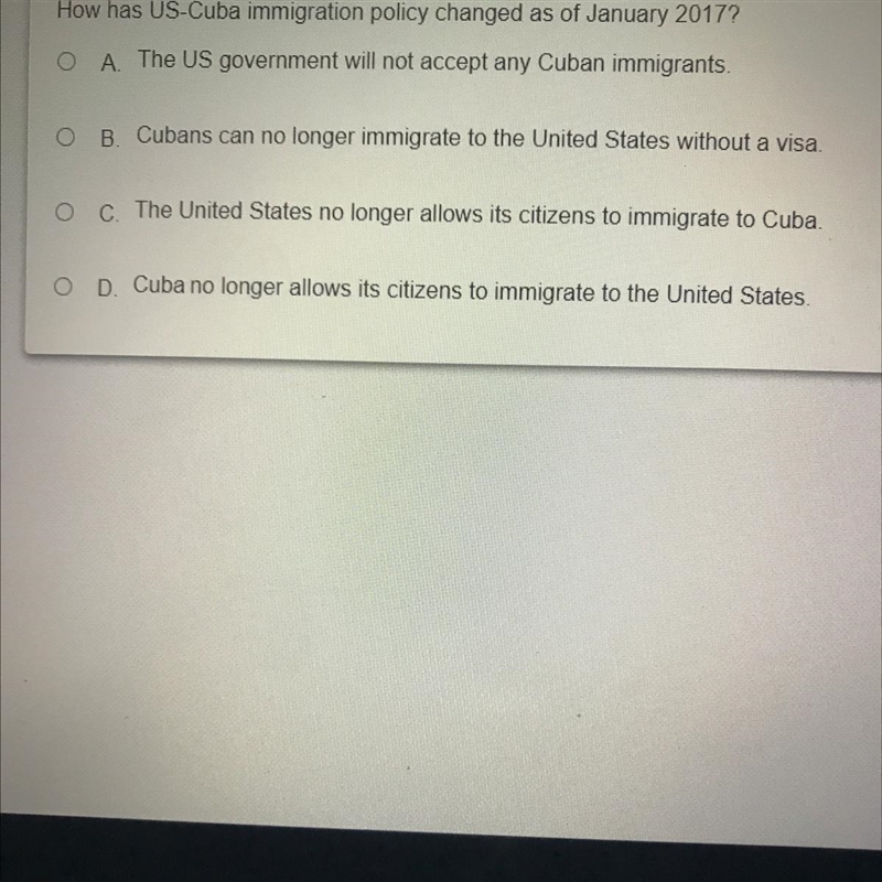 How has US-Cuba immigration policy changed as of January 2017? O A. The US government-example-1