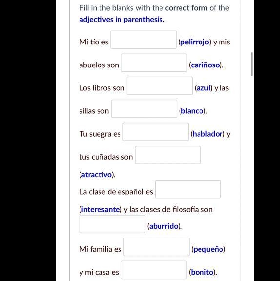 Fill in the blanks with the correct form of adjectives in parentheses - the blue words-example-1