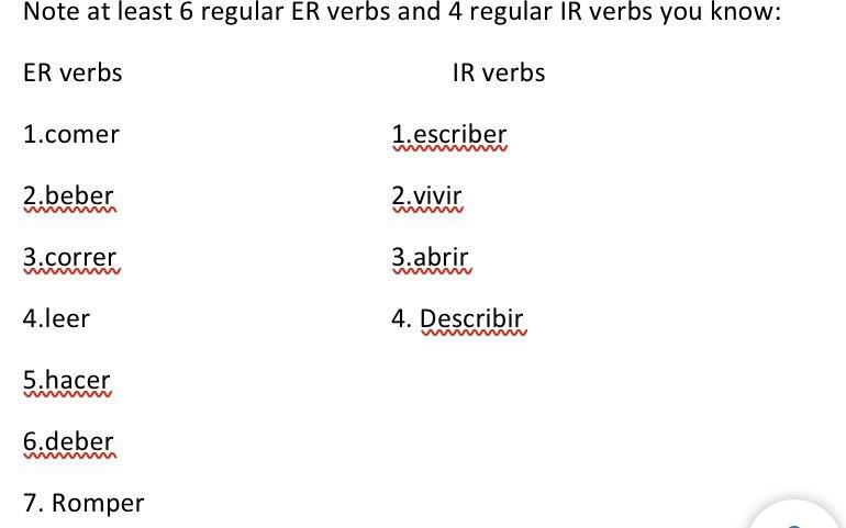 Write the present tense of the Er and IR verbs that I listed above. Please type the-example-1