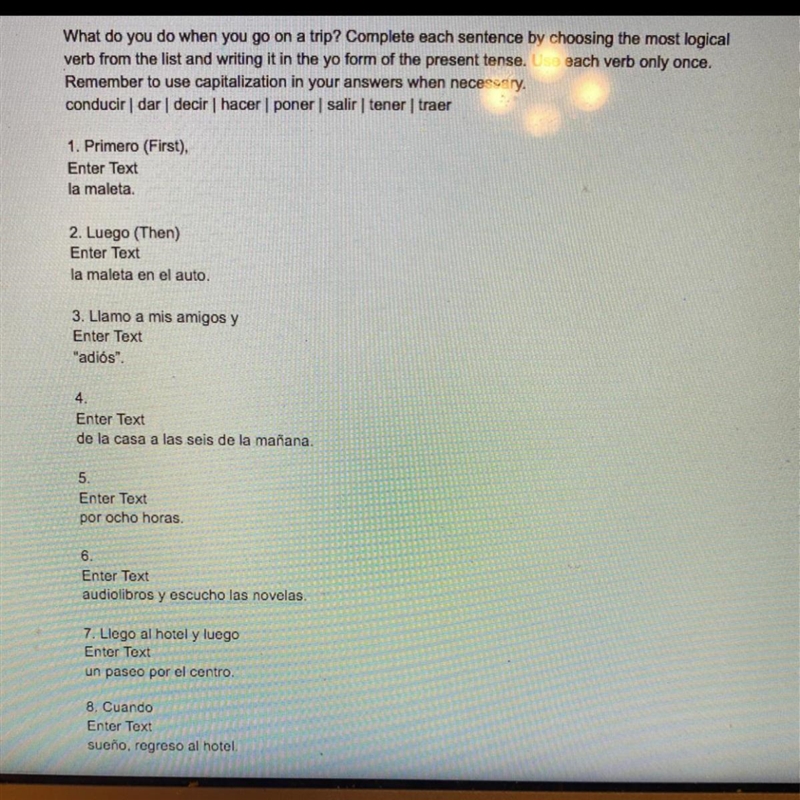 Answer 1-9 using each verb once all in the yo form present tense-example-1