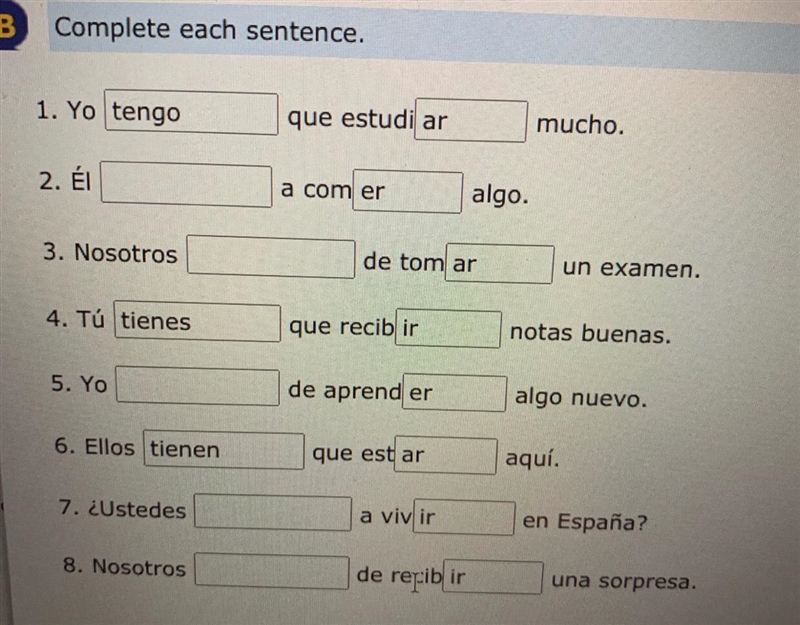 Complete each sentence in the photo above. Yo____ que estudi__ mucho. Él____ a com-example-1