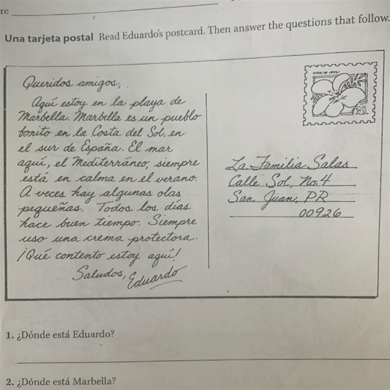 1. ¿Dónde está Eduardo? 2. ¿Dónde está Marbella? 3. ¿Marbella está en la Costa del-example-1