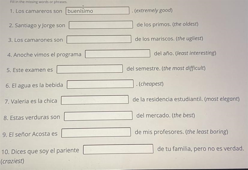 Please help with this Spanish work. The topic is Superlatives.-example-1