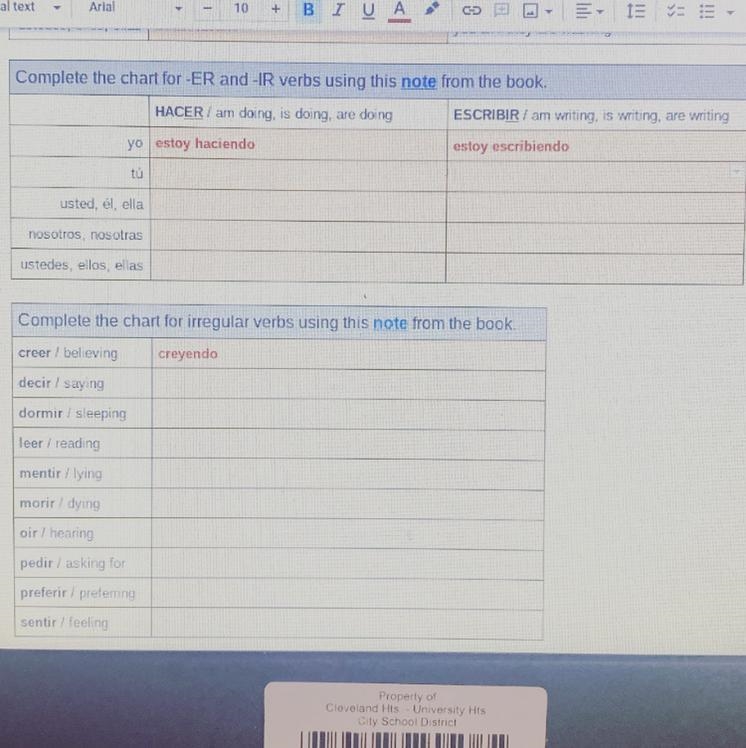 Complete the chart for ER AND IR verbs-example-1