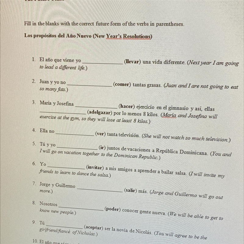 Fill in the blank with the correct form of the future tense. #1-9 please-example-1