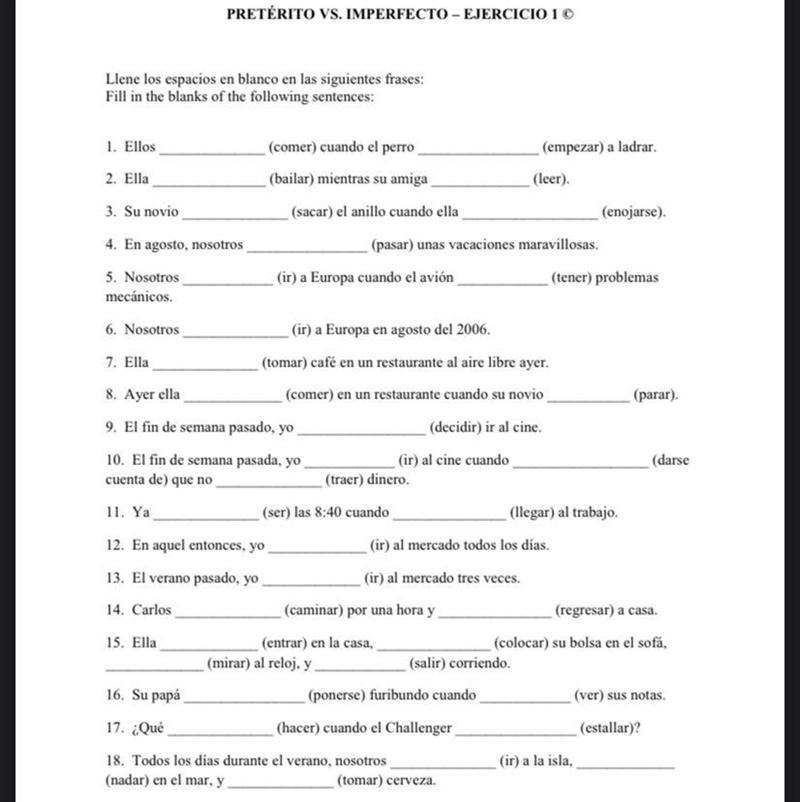 PRETÉRITO VS. IMPERFECTO – EJERCICIO 1 does anyone know the answers to these for Spanish-example-1