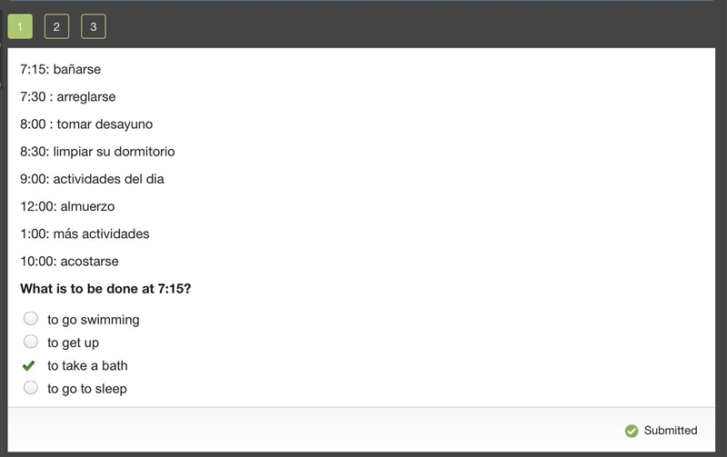 What is to be done at 7:15? to go swimming to get up to take a bath to go to sleep-example-1