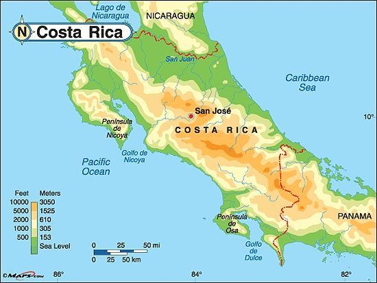 What bodies of water are to the west and east of Costa Rica? O the Pacific Ocean and-example-1