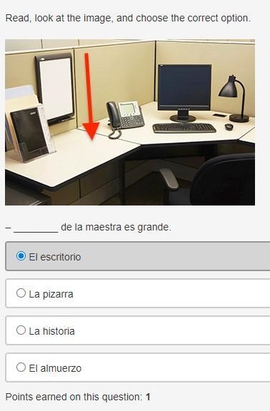 Read, look at the image, and choose the correct option. A desk with some supplies-example-1