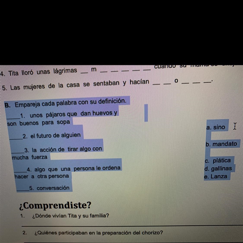 Spanish combo agua para chocolate please help only answer the stuff highlighted-example-1