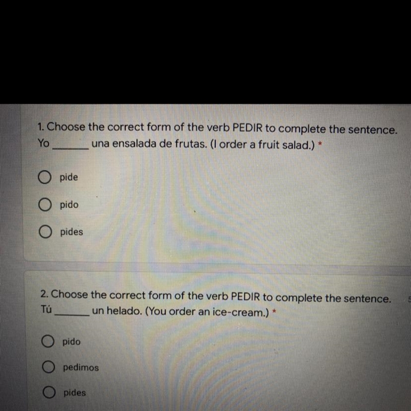 1. Choose the correct form of the verb PEDIR to complete Can someone help me ASAP-example-1