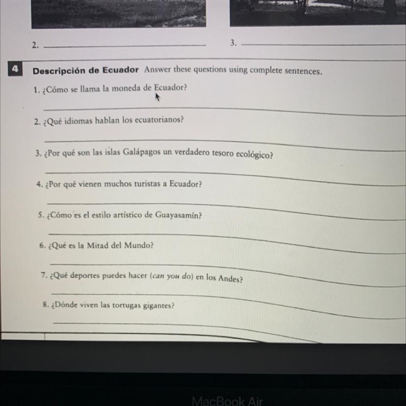 Descripcion de Ecuador answer these questions using complete sentences-example-1