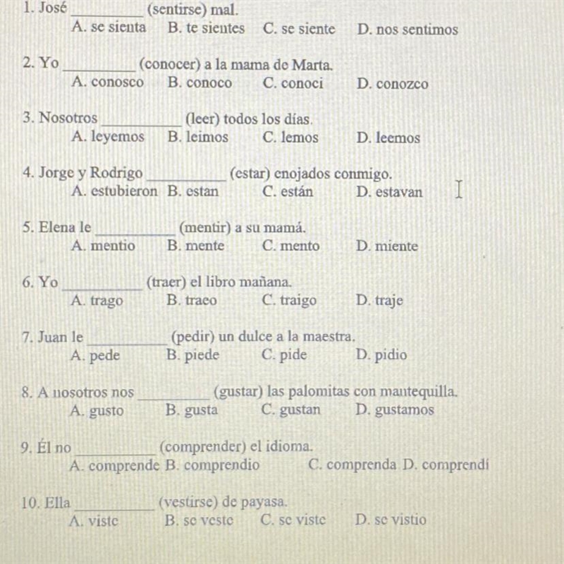 José (sentirse) mal. What are the answers?-example-1