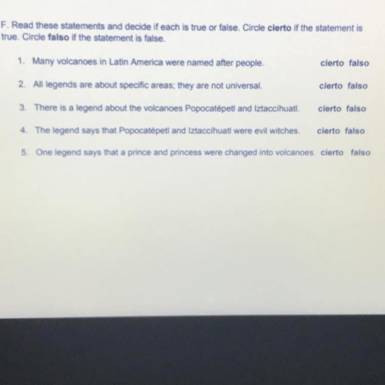 Answer true or false for each spanish culture question pleaseee-example-1