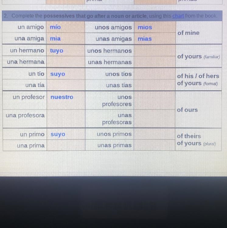 Complete the possessives that go after a noun-example-1