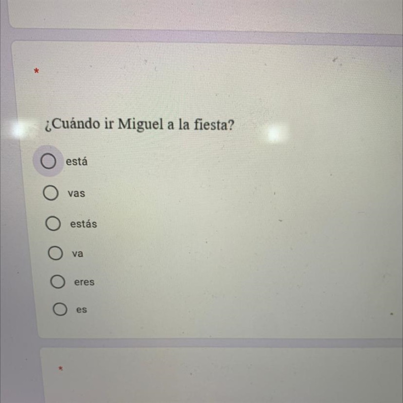 ¿Cuándo ir Miguel a la fiesta? está vas estás va Eres Es-example-1