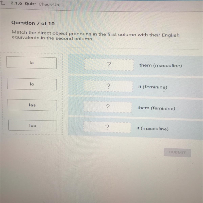 Match the direct object pronouns in the first column with their English equivalents-example-1