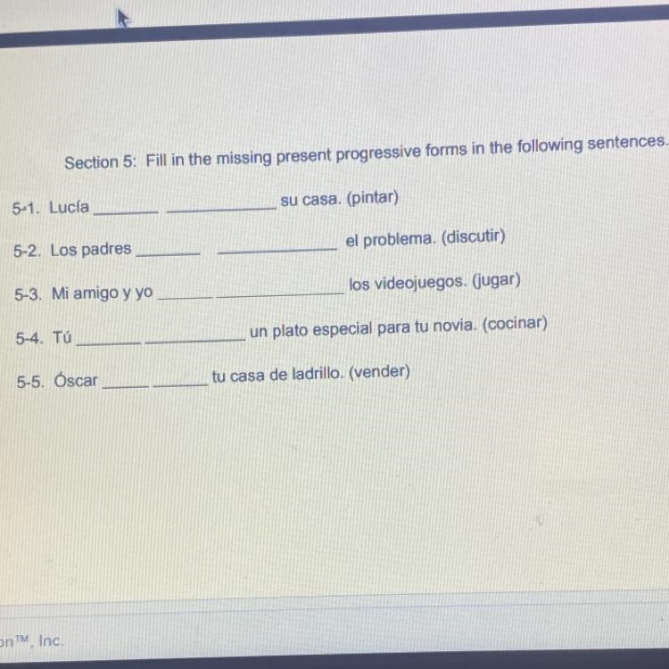 Fill in the missing present progressive forms in the following sentences-example-1