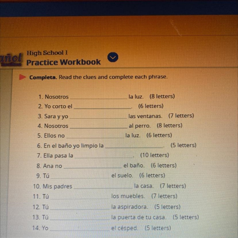 Completa. Read the clues and complete each phrase. 1. Nosotros 2. Yo corto el 3. Sara-example-1