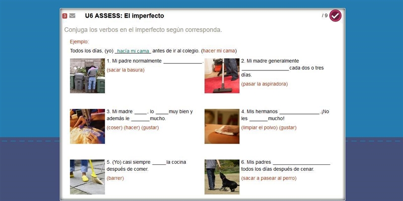 Spanish help please!!! 10 points! El imperfecto Fill in the blanks with the imperfect-example-1